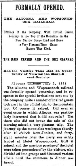Formal Opening of the Altoona & Wopsononock Railroad