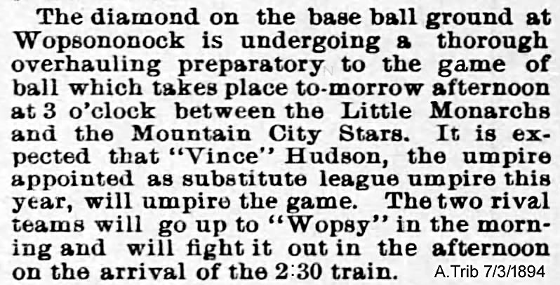 Newspaper clipping about baseball diamond at Wopsononock, Altoona Tribune July 3, 1894