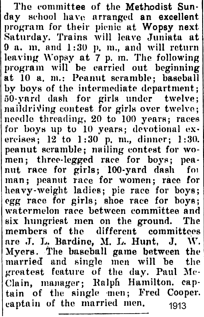 Newspaper clipping about Methodist Sunday School picnic at Wopsy, 1913