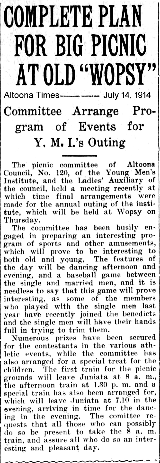 Newspaper clipping about Y.M.I. picnic at Wopsy, Altoona Times July 14, 1914