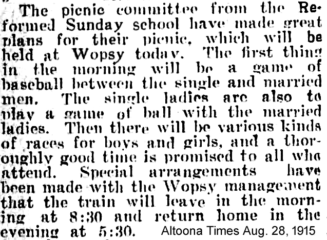 Newspaper clipping about Reformed Sunday School picnic at Wopsy, Altoona Times August 28, 1915