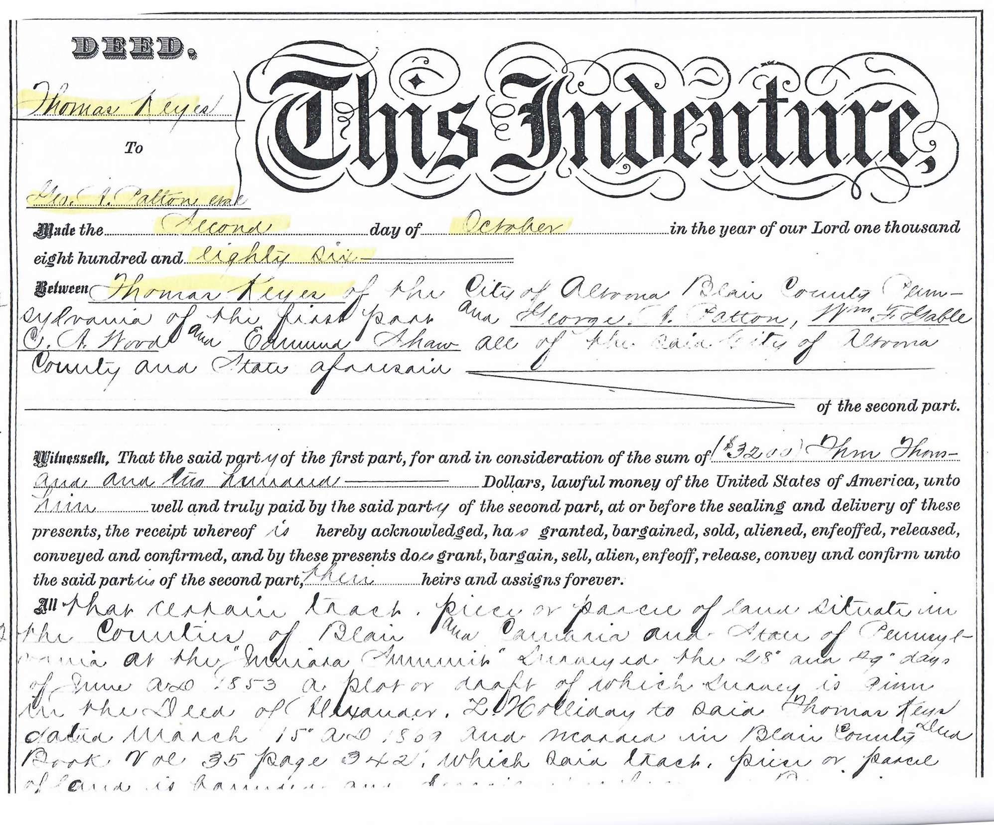 1886 Deed transferring Wopsononock property from Thomas Keyes