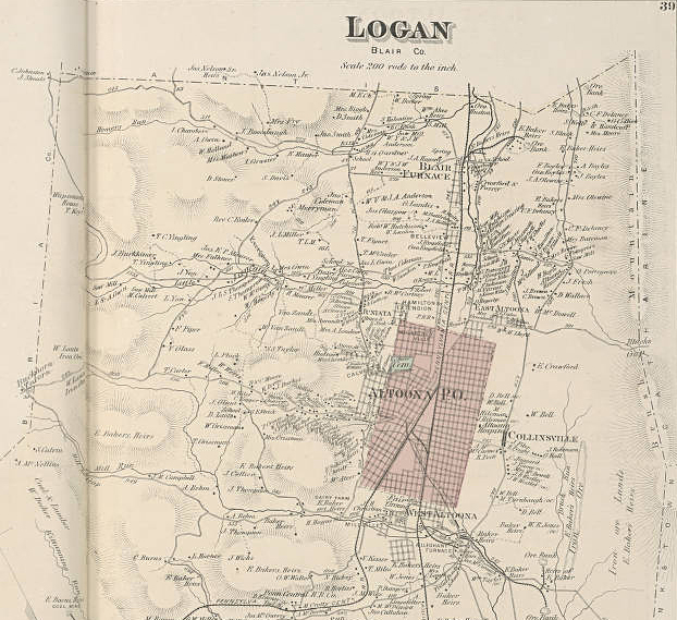 1873 Pomeroy map showing Logan Township with Wopsononock House marked