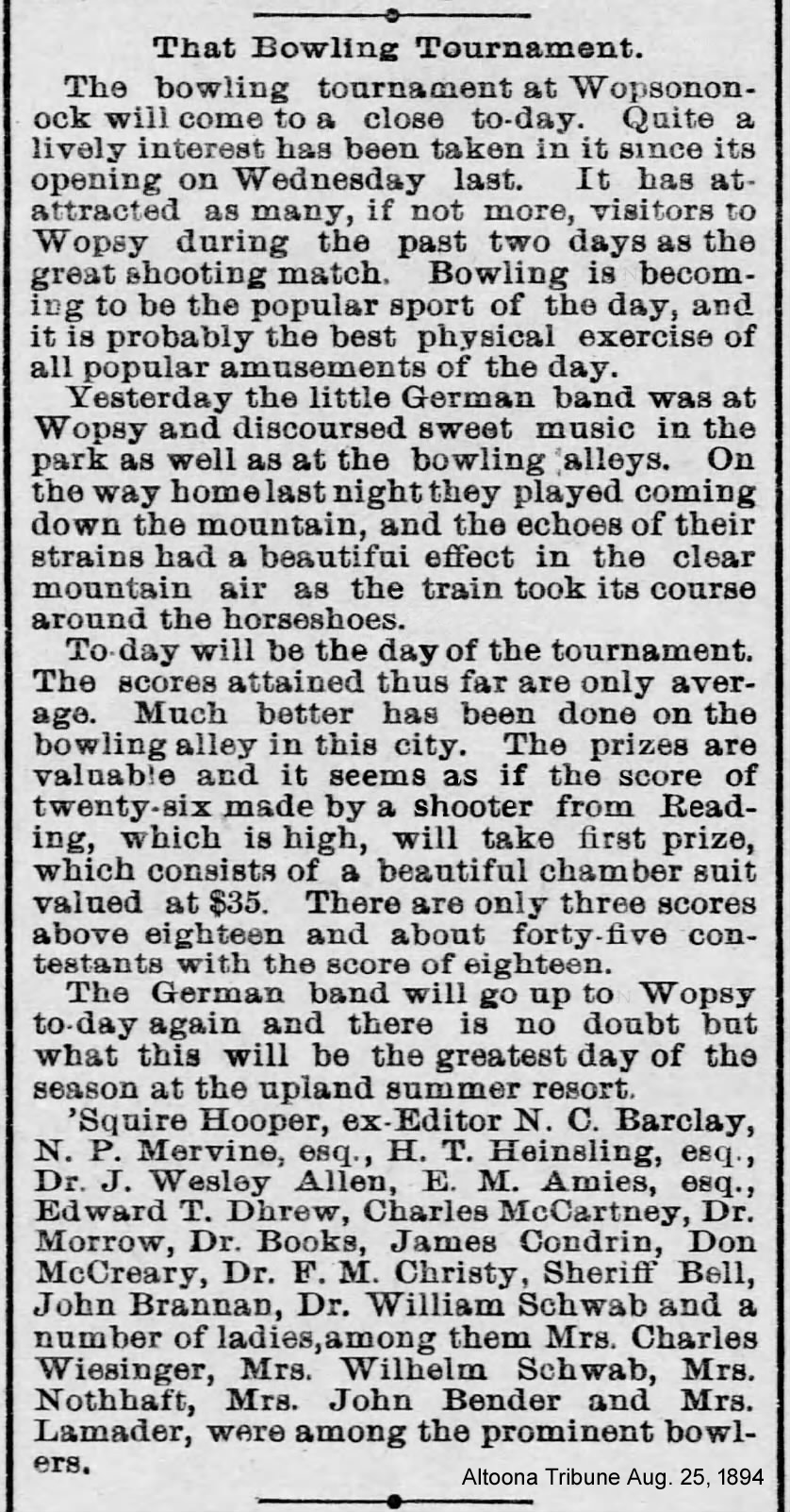 Newspaper clipping from Altoona Tribune August 25, 1894