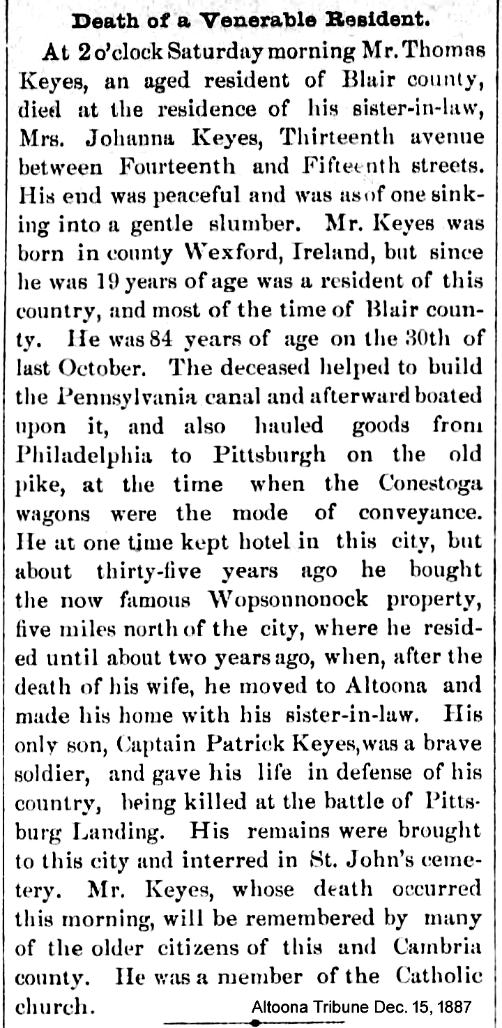 December 1887 Altoona Tribune obituary for Thomas Keyes, founder of Wopsononock