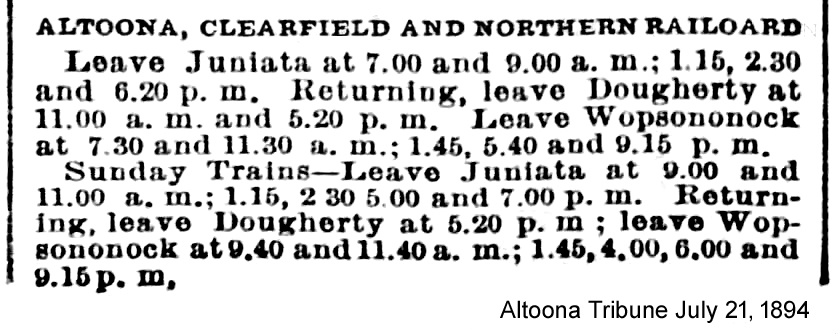 AC&N Railroad timetable showing daily and Sunday train departures from Juniata, Dougherty, and Wopsononock